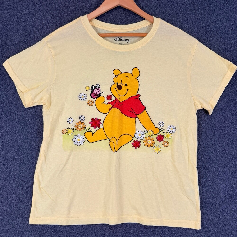 Disney Winnie the Pooh Womens Yellow Graphic T Shirt Flowers Butterfly Medium